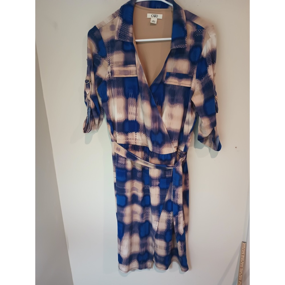 CATO Blue Tan Plaid Belted Wrap Dress Size M Office Business Casual Workwear